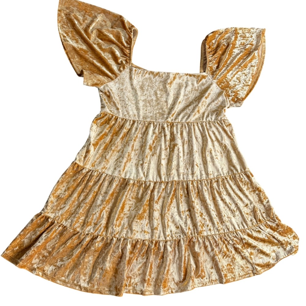 All in Favor Babydoll Dress Women L Gold Crushed Velvet Tiered Flutter Sleeve
